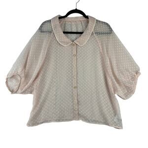 Sorridere Sheer Swiss Dot Button Up Blouse Women's Large Peter Pan Collar Pink